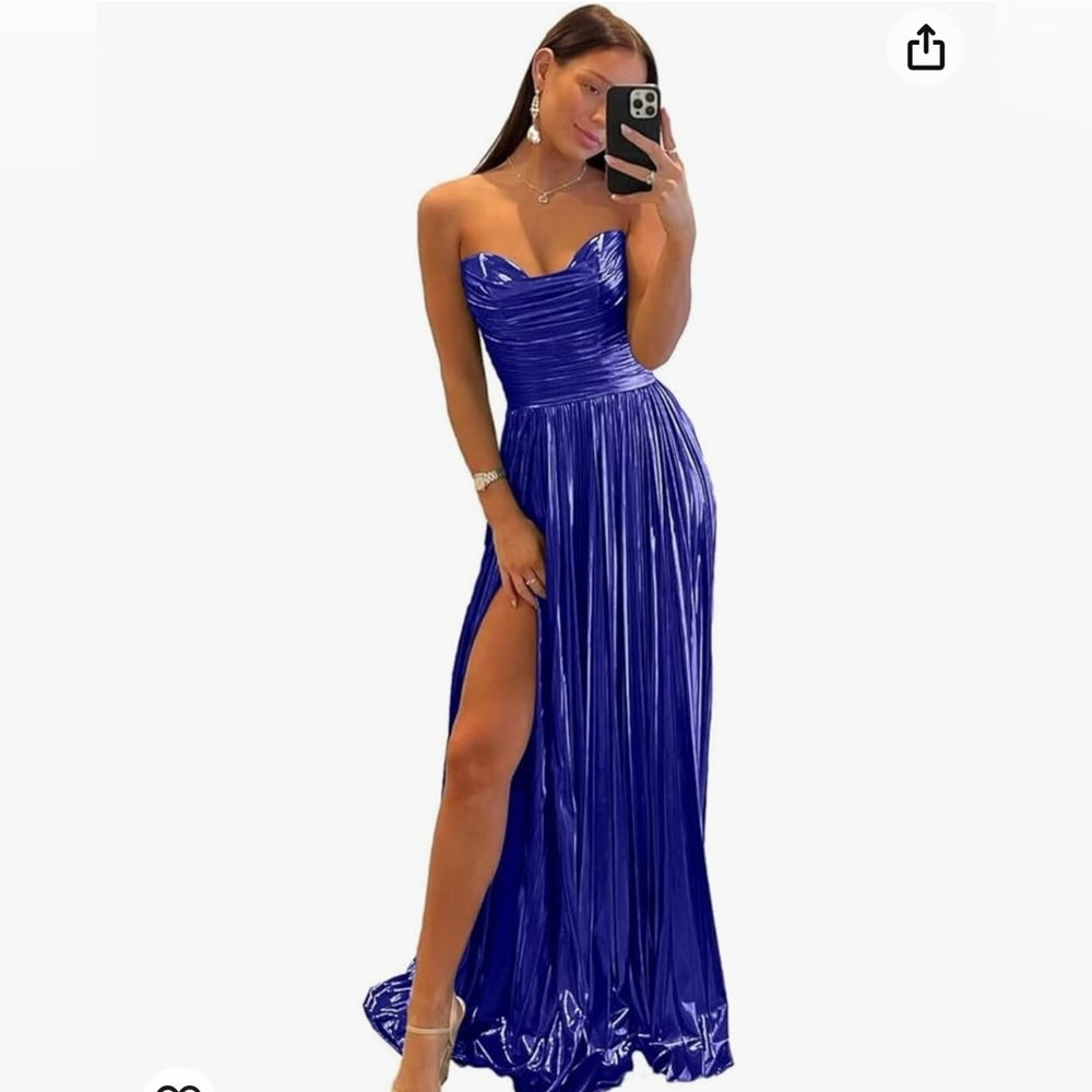 Sparkly Strapless Metallic Prom Dress with Slit